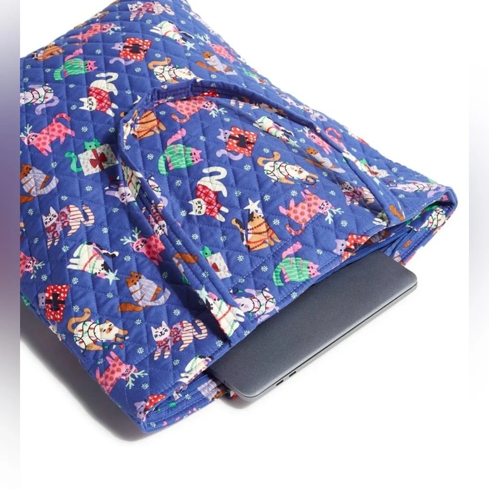 NWT Vera Bradley Cotton Large North South Tote Catnip Christmas Cats Blue‎ $129